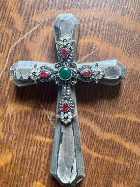 Ornate Decorative Wall Cross with Green and Red Accents